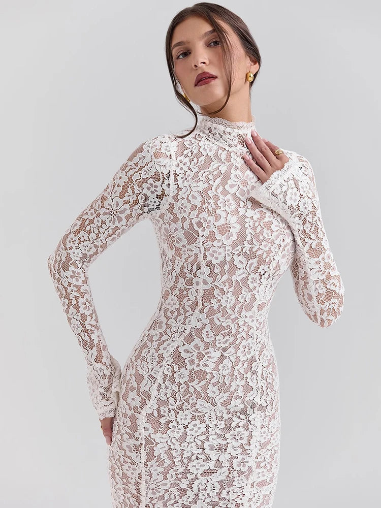 Mozision Lace Long Sleeve Sexy Midi Dress For Women Elegant White Half High Collar High Waist Bodycon Club Party Sexy Long Dress - Smarsty