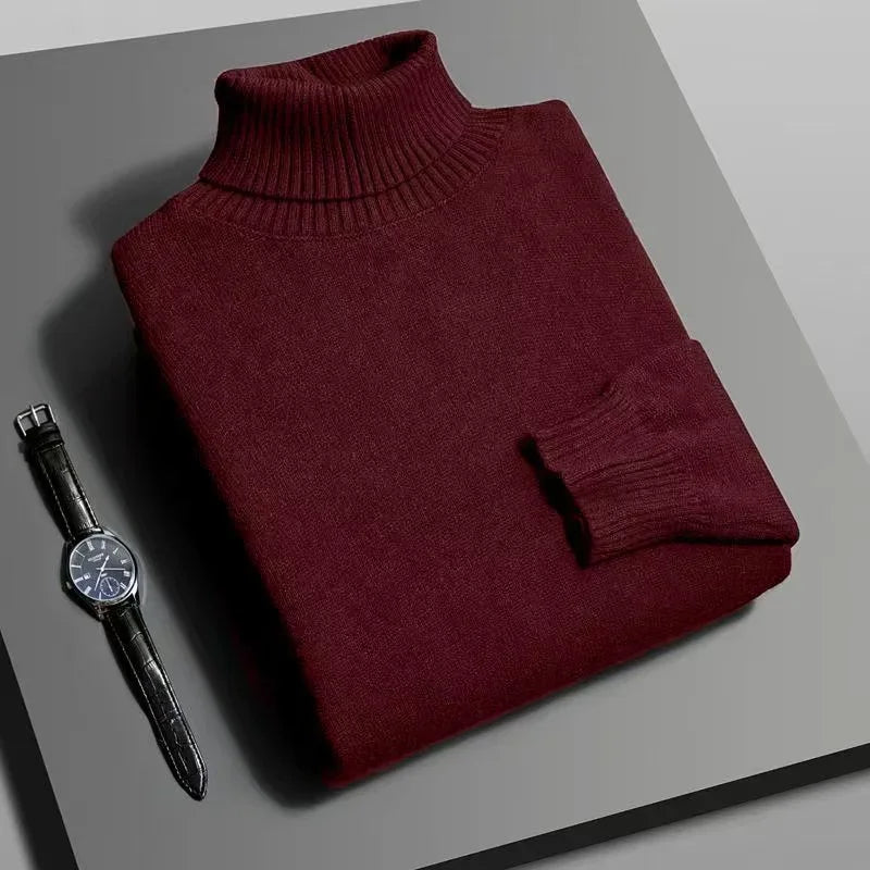 Autumn Mens High Quality Knitted Turtleneck Sweater Slim Fit Long Sleeve Anti-pilling Pullover Solid Color Trend Men Streetwea - Smarsty