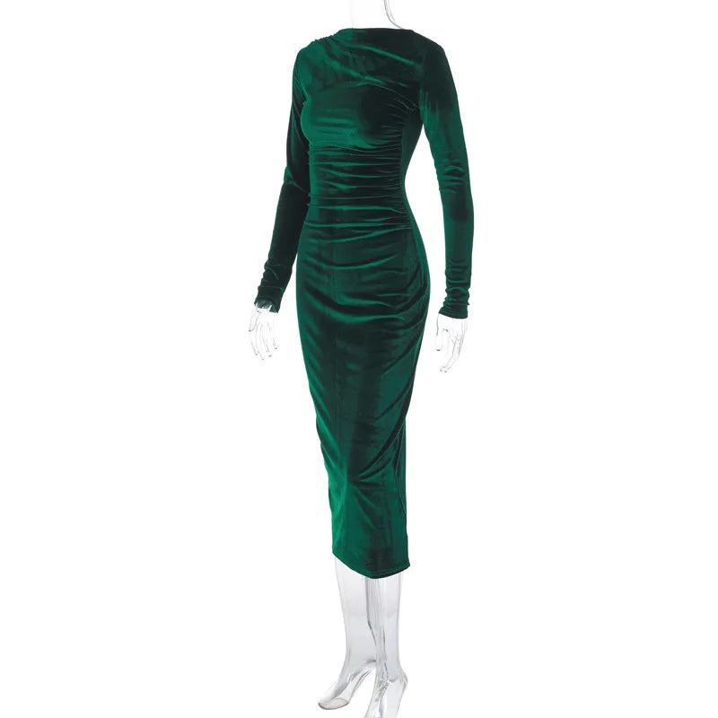 Dulzura 2024 Spring Summer Velvet Long Sleeve Midi Dress For Women Ruched Long Dress Elegant Party Clothes Evening Green Outfits - Smarsty