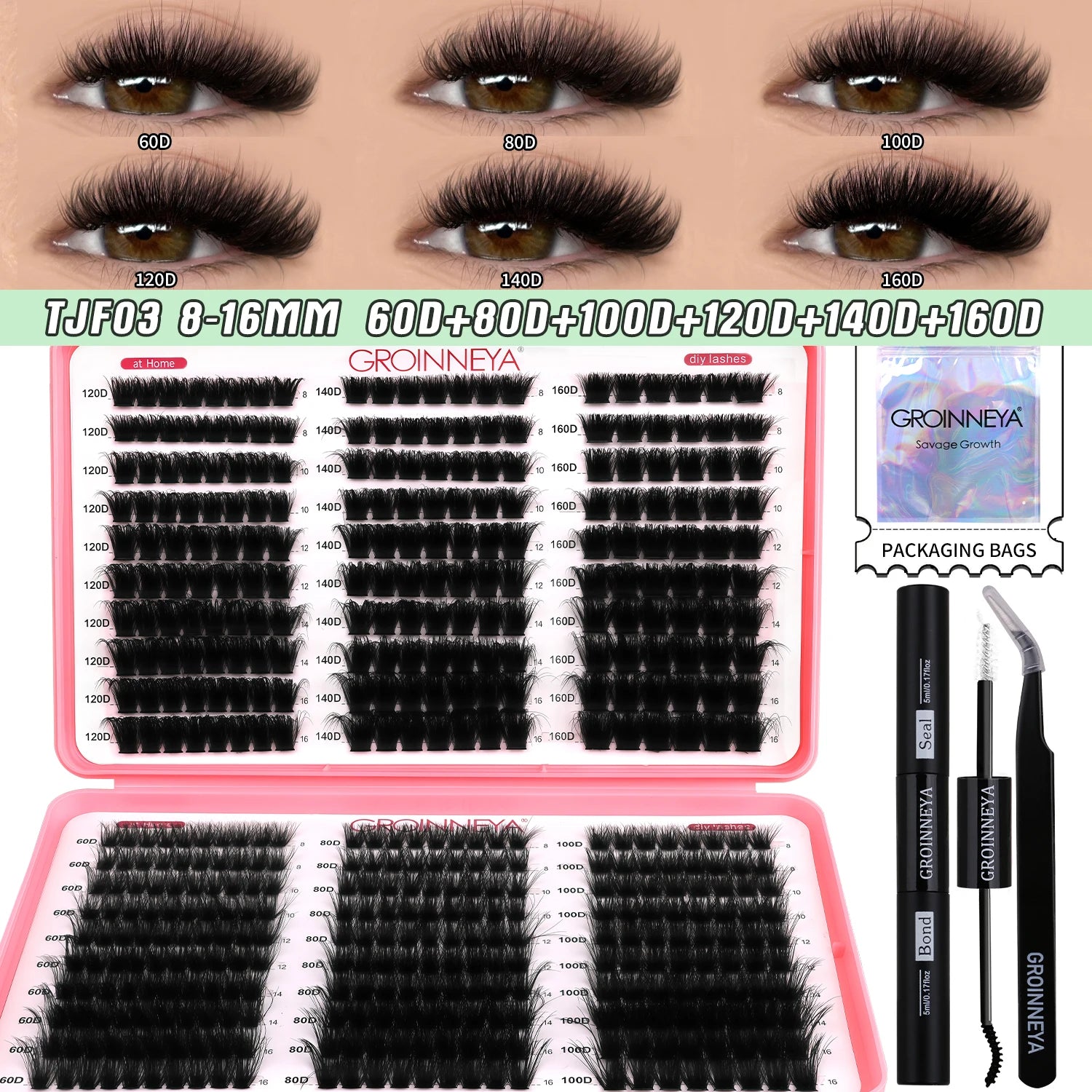 GROINNEYA DIY Lash Clusters Kit Mixed Tray Eyelash Extension Full Set Individual Lashes with Lash Bond&Seal and Tweezers Tool - Smarsty