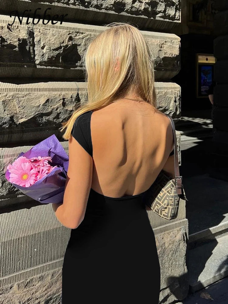 Nibber Solid Sexy Backless Maxi Dress Women Elegant Elastic Slim Short Sleeve Long dresses Female Bodycon Streetwear Clothing - Smarsty