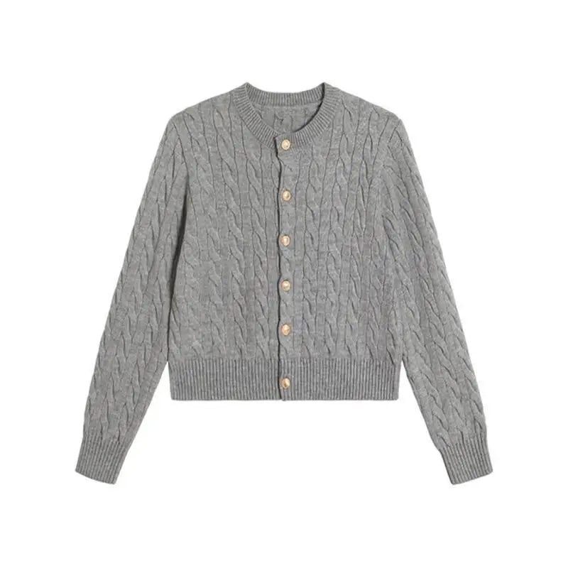 2024 Vintage Long Sleeve Cardigan Women Sweater O-neck Elegant Knitted Top Fashion Autumn Grey Knitwear - Smarsty