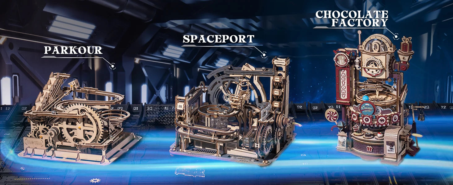 ROBOTIME Rokr Electric Marble Run with Light 3D Puzzle Toys Marble Spaceport Gifts for Kids Children Connect With Night City