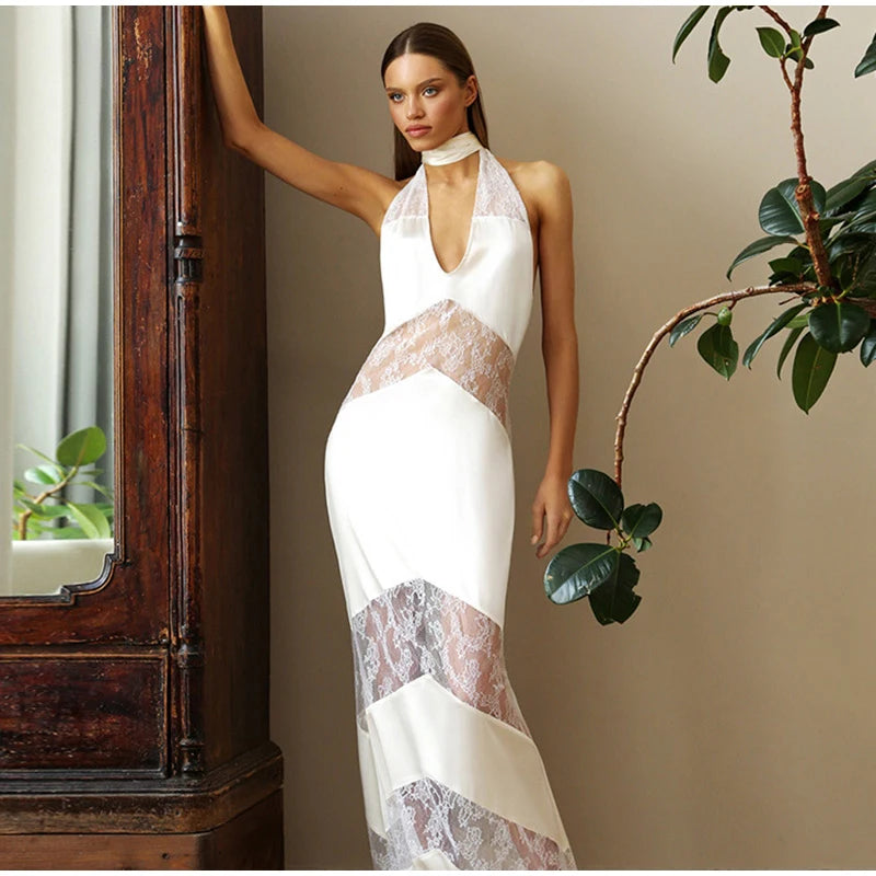 Elegant Lace Halter Dress Women Slim V-neck Backless Evening Long Dresses Woman Sleeveless Vintage Party Robe Lady Spring Summer - Smarsty