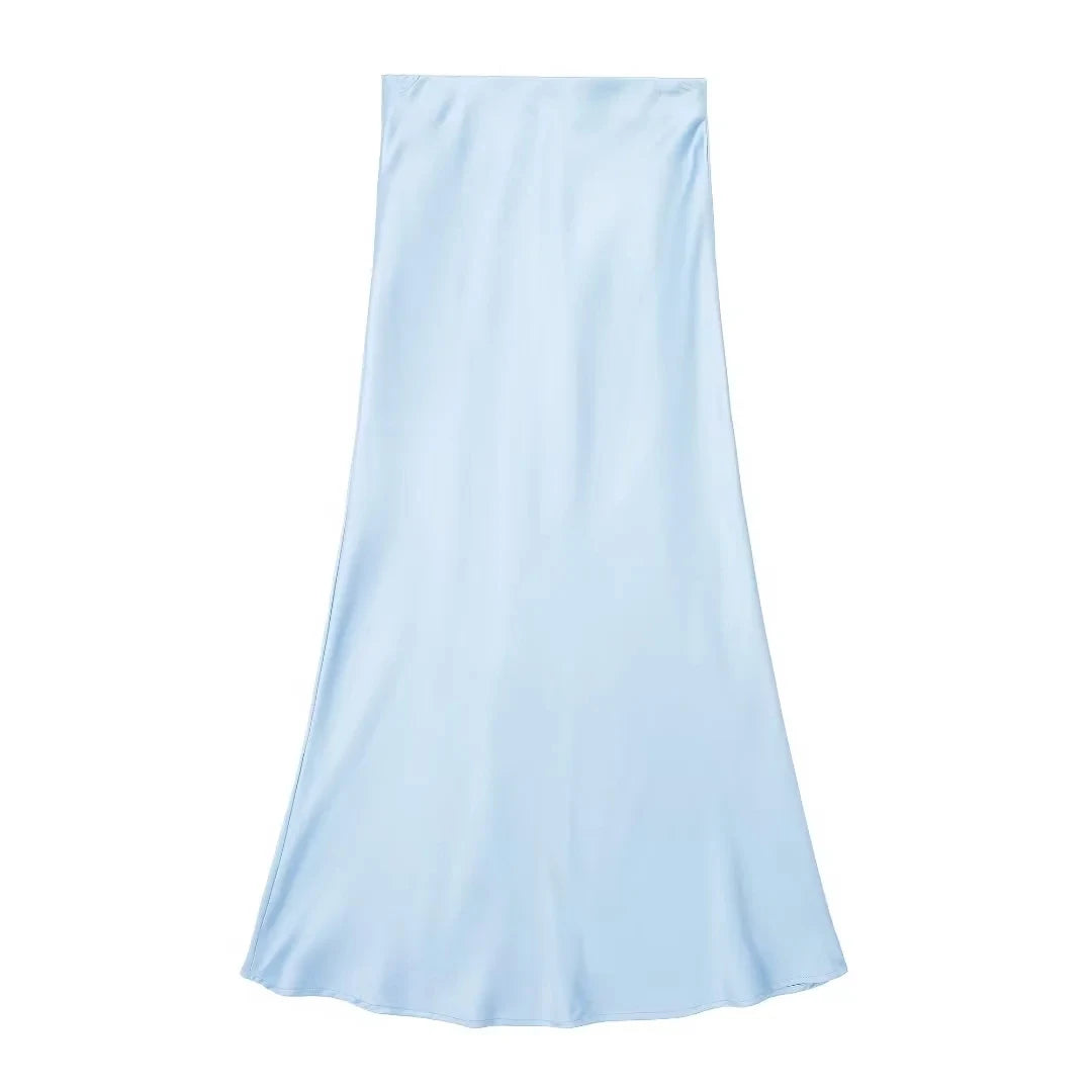 TRAFZA 2024 Y2K Casual Women Long Skirt Spring Elastic High Waisted A-Line Casual Female Satin Skirts High Street Lady Skirts - Smarsty