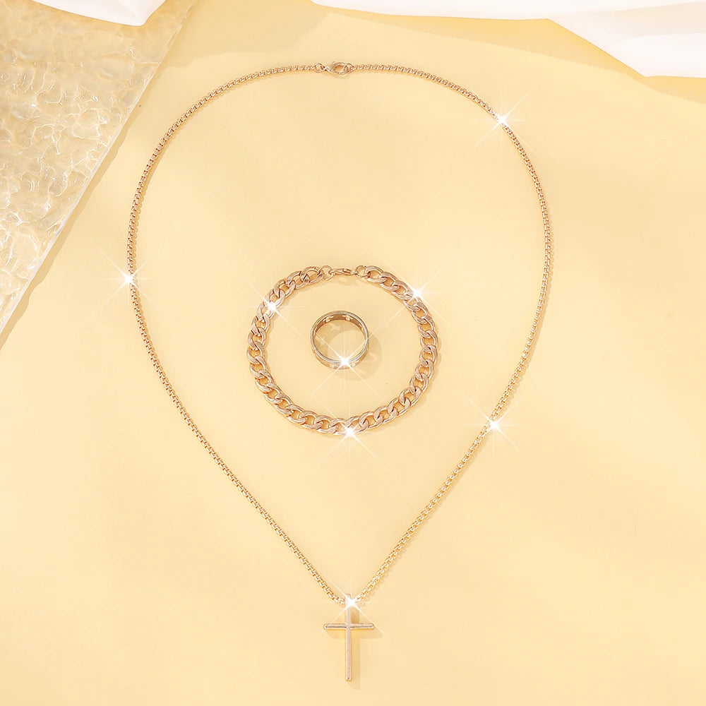 Men's 3 Piece Alloy Jewelry Set with Cross Pendant - Smarsty