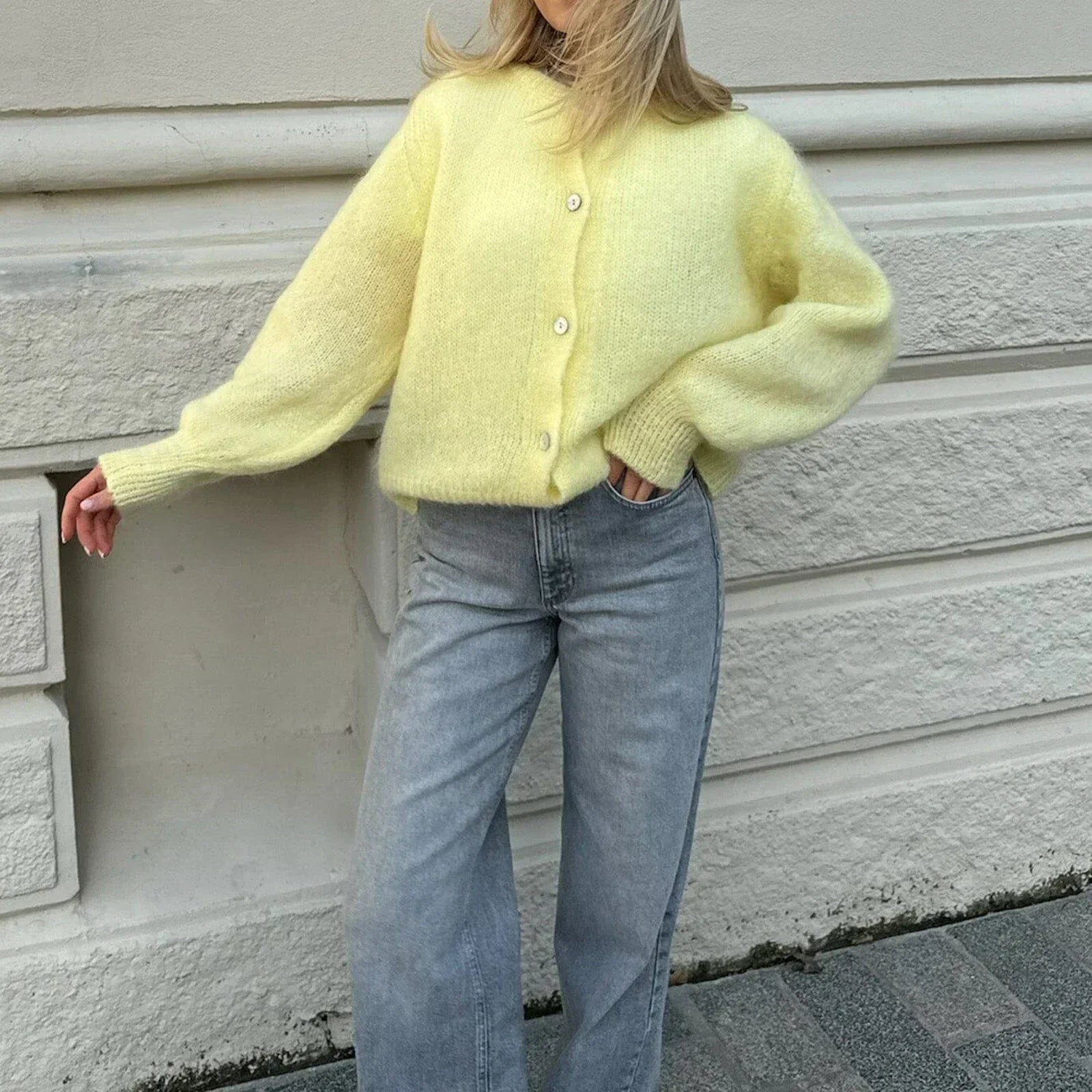 Women Solid Knitted Single Breasted Cardigan O-neck Long Sleeve Loose Soft Sweater 2024 Autumn Lady Knitwear - Smarsty