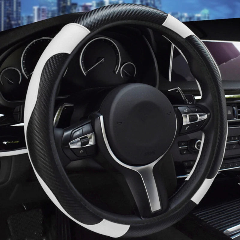 Carbon fiber pattern PU leather steering wheel cover with no inner ring design, full elasticity, anti slip and wear-resistant, m