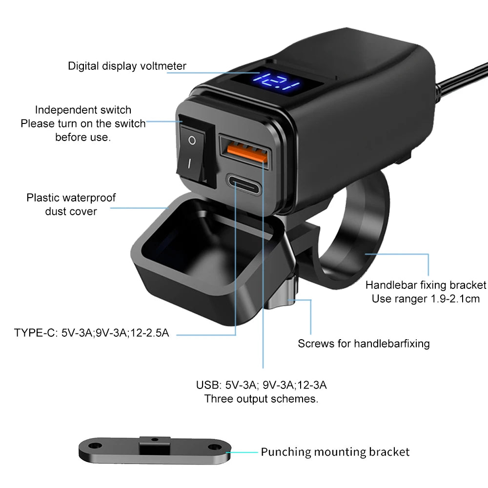PD QC3.0 Motorcycle USB Fast Charger 60W Handlebar Dual USB Socket with Switch Voltmeter Waterproof 12V Power Supply Adapter - Smarsty