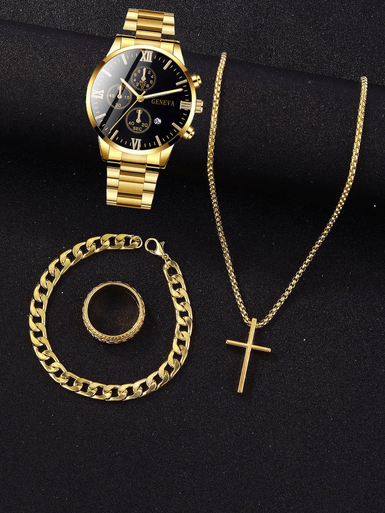 Gold Alloy Men's Quartz Watch and Cross Jewelry Set - Smarsty