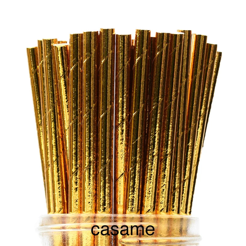 Metallic Gold Foil Stripe Paper Straws for Parties - Smarsty