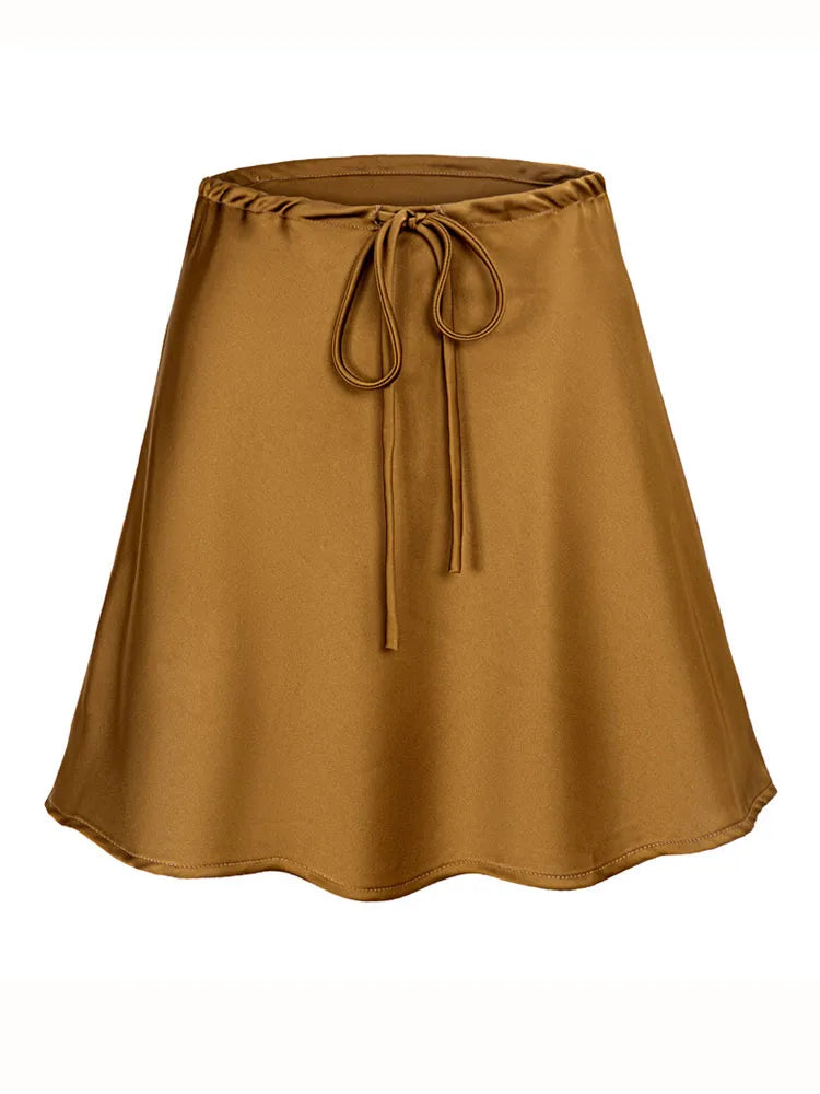 Satin Mini Skirts Women Summer Beige Silk Short Skirt For Woman Drawstring High Waist Black Satin Skirt A Line Women Short 2025 - Smarsty