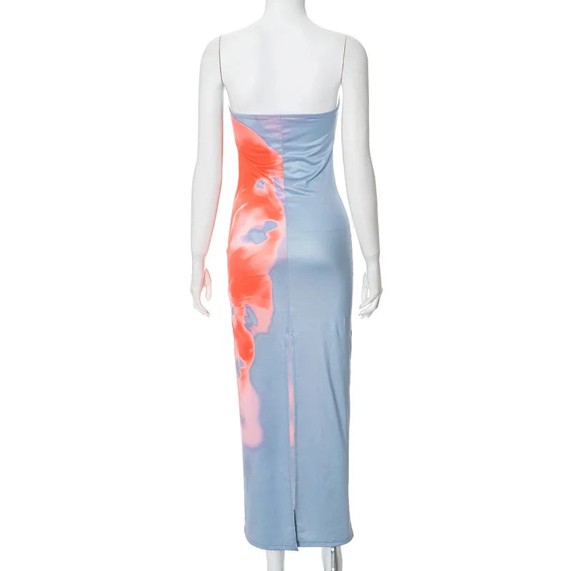 Sexy Strapless Print Tube Maxi Dress Women Off Shoulder Backless Stretch Long Sundress Summer Beach Y2K Clothes - Smarsty