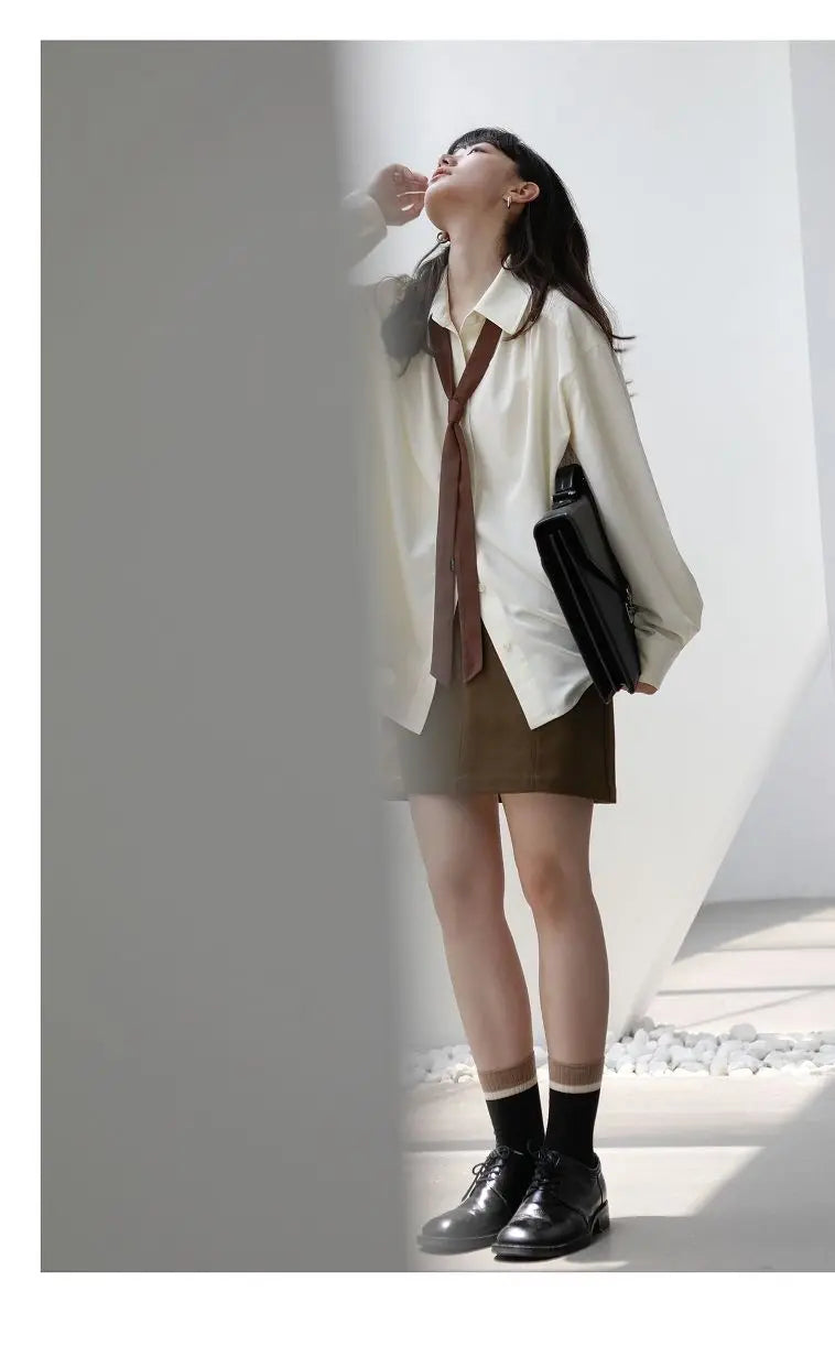 2025 Summer Minimalist Long Sleeve Button Up Shirt Women Korean Style Solid Tie Oversize Shirts Blouse Loose Clothes Autumn Tops - Smarsty