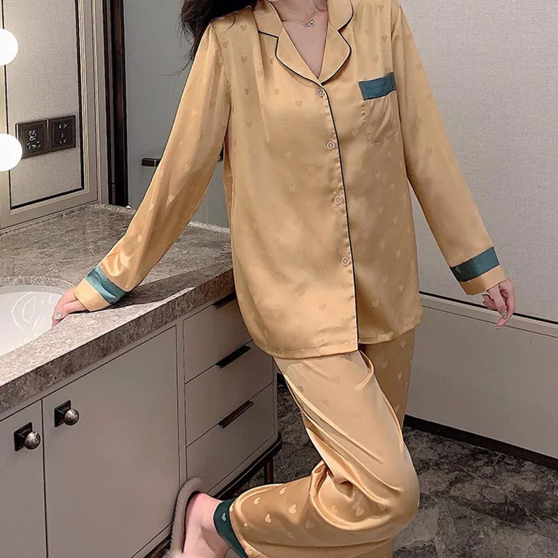 Top Autumn New Ice Silk Women Pajama Lapel Button Cardigan Outfits for Women 2 Piece Set Fashion Printing Set Clothes for Women - Smarsty