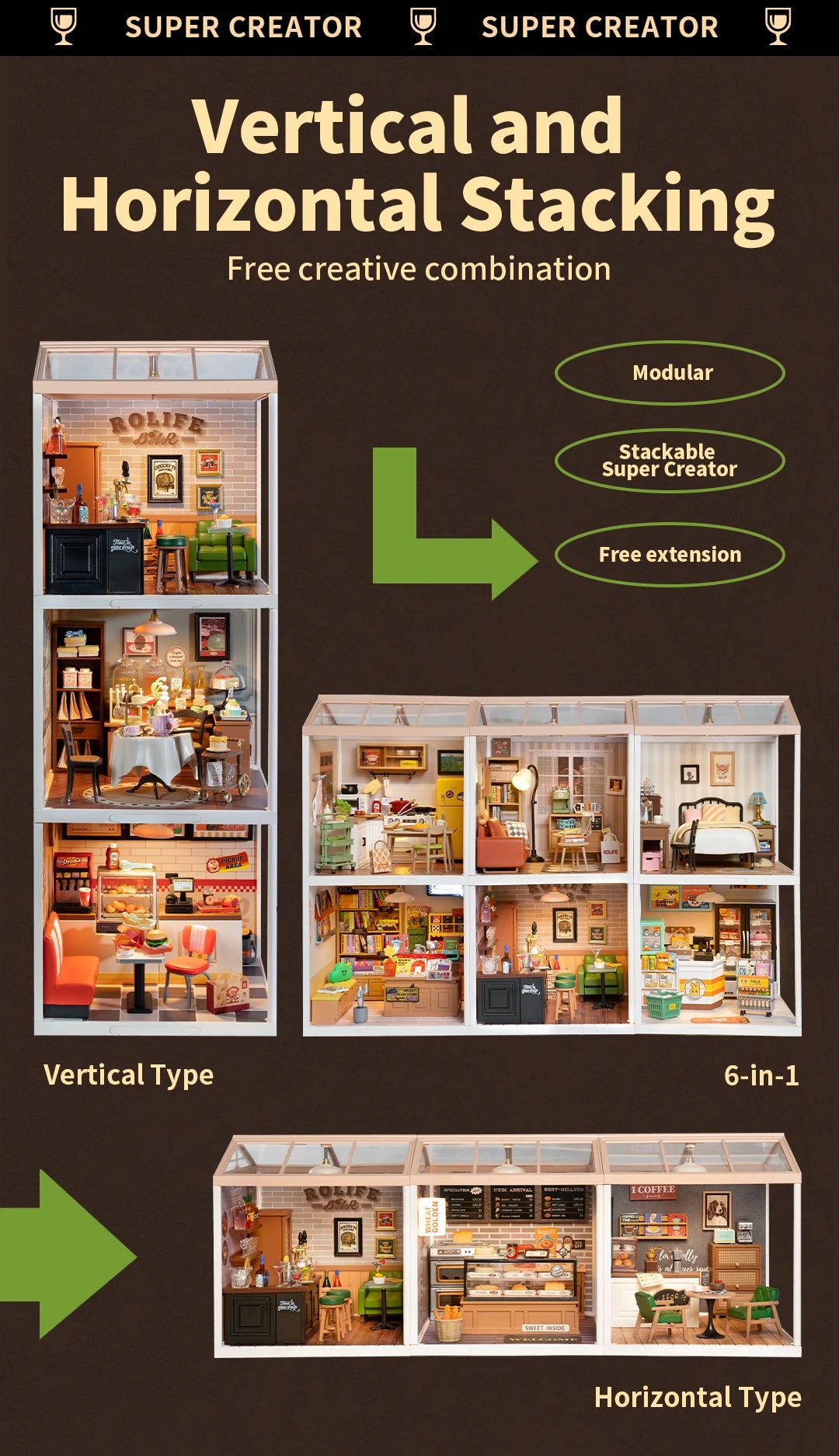 Robotime Rolife Super Creator Series Plastic Dollhouse Building Blocks for Kids Yum Burgers Leisurely Cheers Bar Sweet Sips Tea