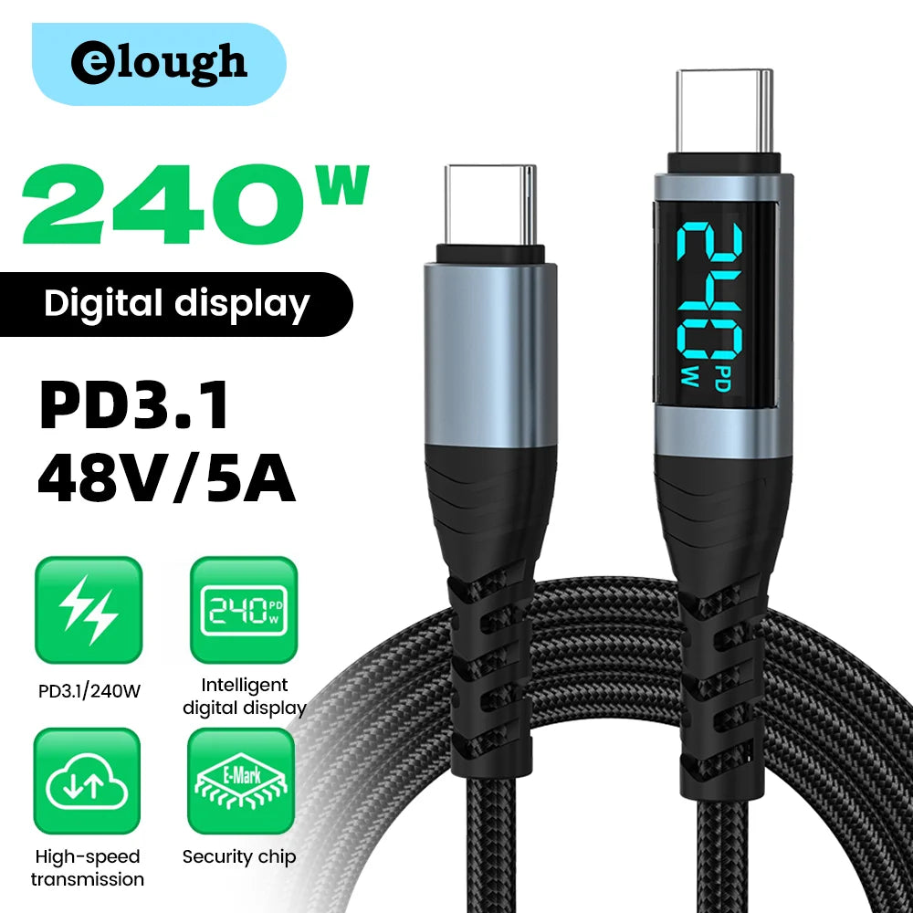 240W Type C to Type C Super Charge Digital Display Cable 0.5m-2m USB C Data Cable For Iphone 15 16 Samsung s24 s23 Huawei Xiaomi - Smarsty