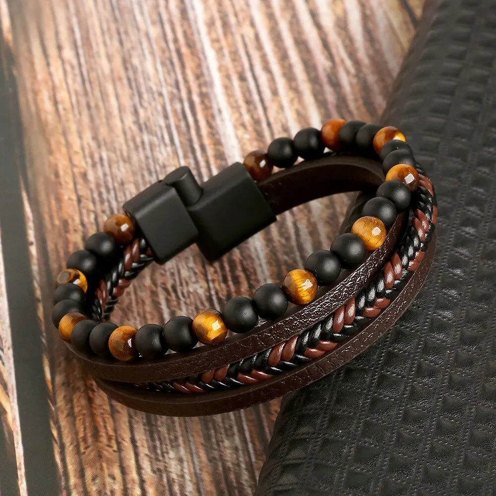 Men Leather Bracelet Multi Layer Tiger Eye Beaded Design - Smarsty