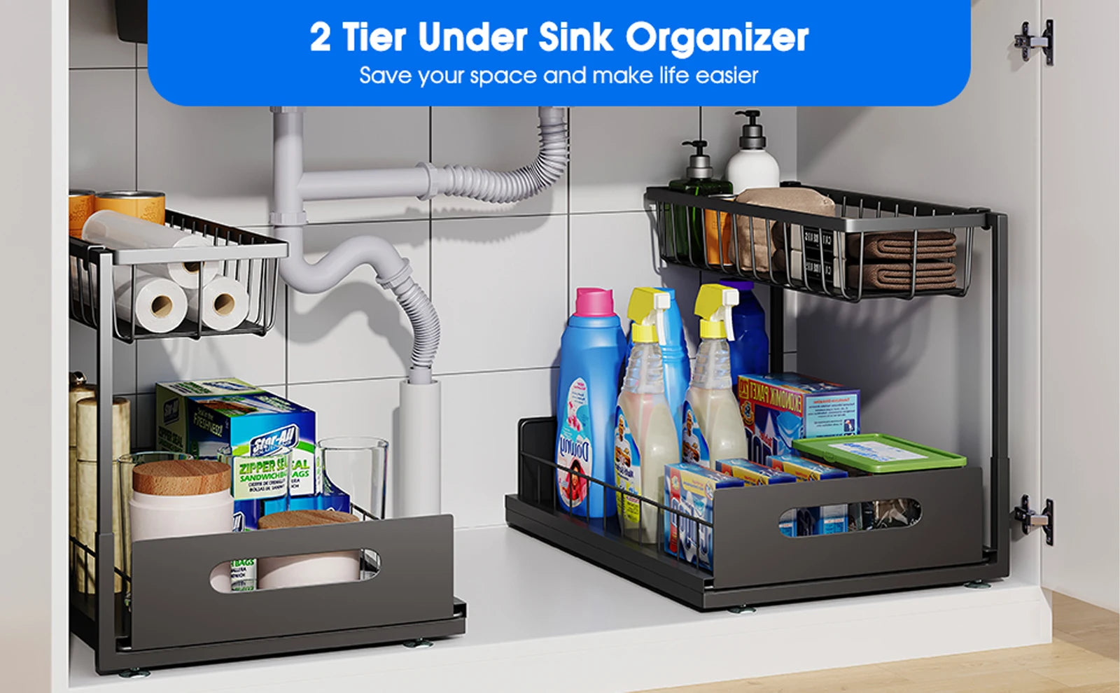 Under Sink 2 Tier Sliding Cabinet Basket Organizer Drawer Pull Out Cabinet Multi-Purpose Sink Organizer for Bathroom Kitchen