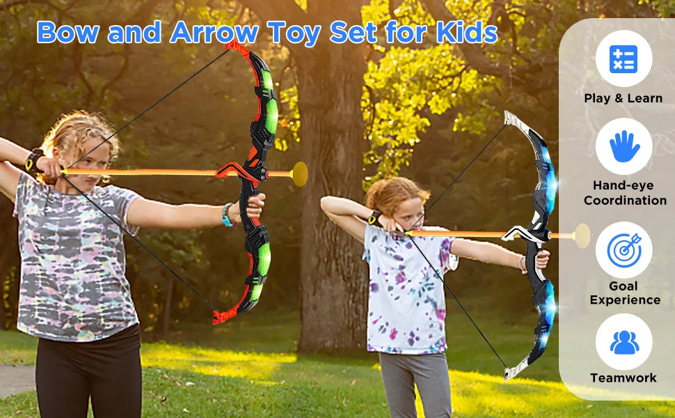 VATOS 2X Bow Arrow + Guns Toy For Kids Night-Light Archery Stand Target Board Indoor Outdoor Game Toys Boys Girls Christmas Gift