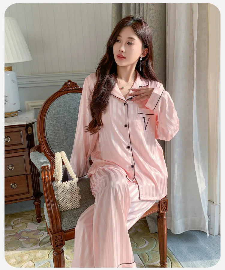 Women's Ice Silk Pajama Set Long Sleeve Long Pants Lightweight Sleepwear for Spring And Autumn Comfortable Homewear Pj Set - Smarsty