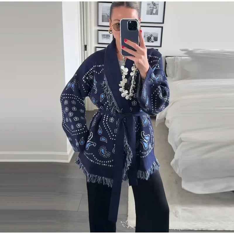Tassel Patchwork Printed Cardigan Women Geometric Patterns Belts V-neck Long Sleeve Knitted Street Lady Sweater 2025 Autumn Coat - Smarsty