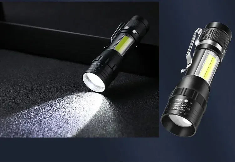 Portable Rechargeable LED Flashlight with Pen Clip Zoomable Waterproof Torch with Side Light Outdoor Camping Emergency Lantern - Smarsty