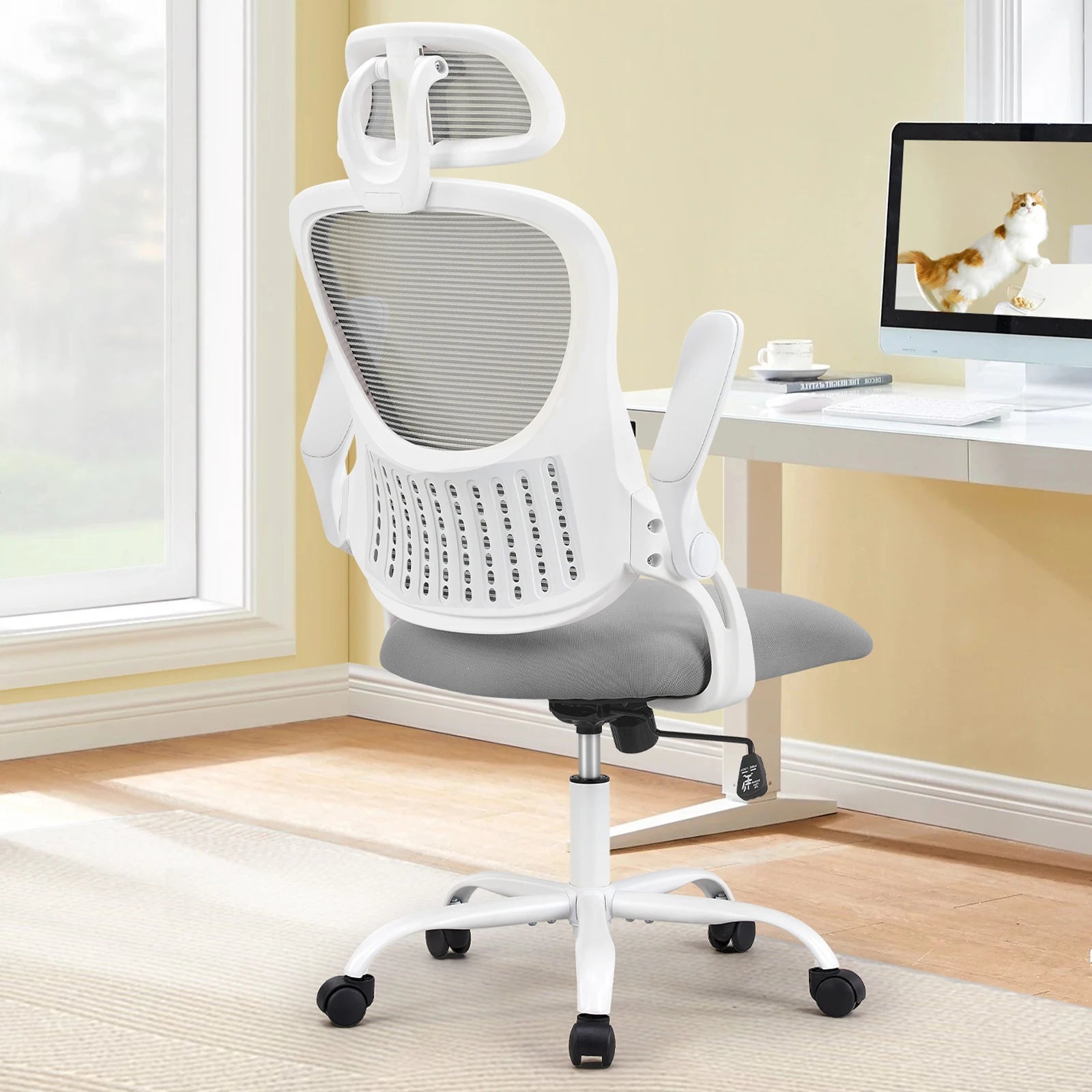 Mesh Ergonomic Office Computer Desk Chair Flip-up Arms Adjustable Headrests Comfortable Lumbar Support For Home Office - Smarsty