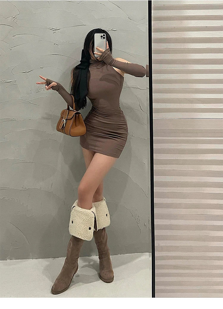 Summer Sexy High Neck Tight Dress Oversleeve Pleated Bottom Wrapped Hip Dress Women Bodycon - Smarsty