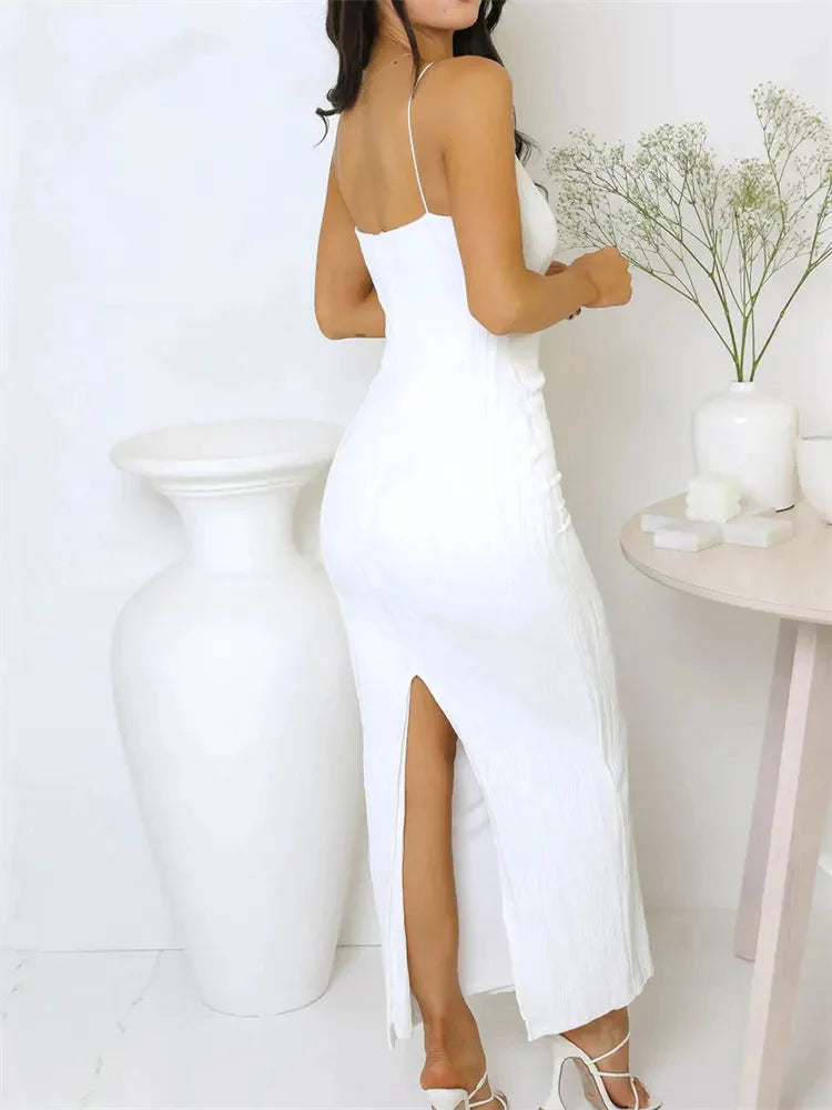 Sexy Women Long Dress Ruched Sleeveless Slim Solid Summer Party Back Split Dress Clubwear Female Vestido Outfits - Smarsty