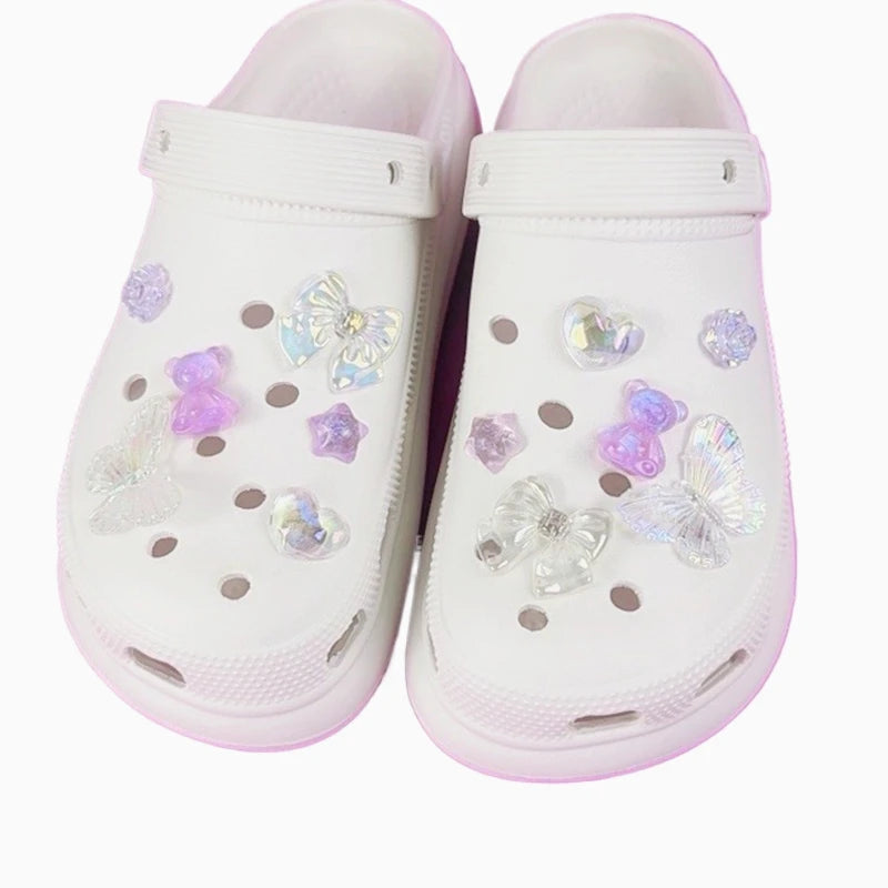12PCS Fashion Shoe Charms Set Accessories Hole Shoe Buckle Transparent Butterfly Bear Crystal Heart DIY 3D Shoes Decorations