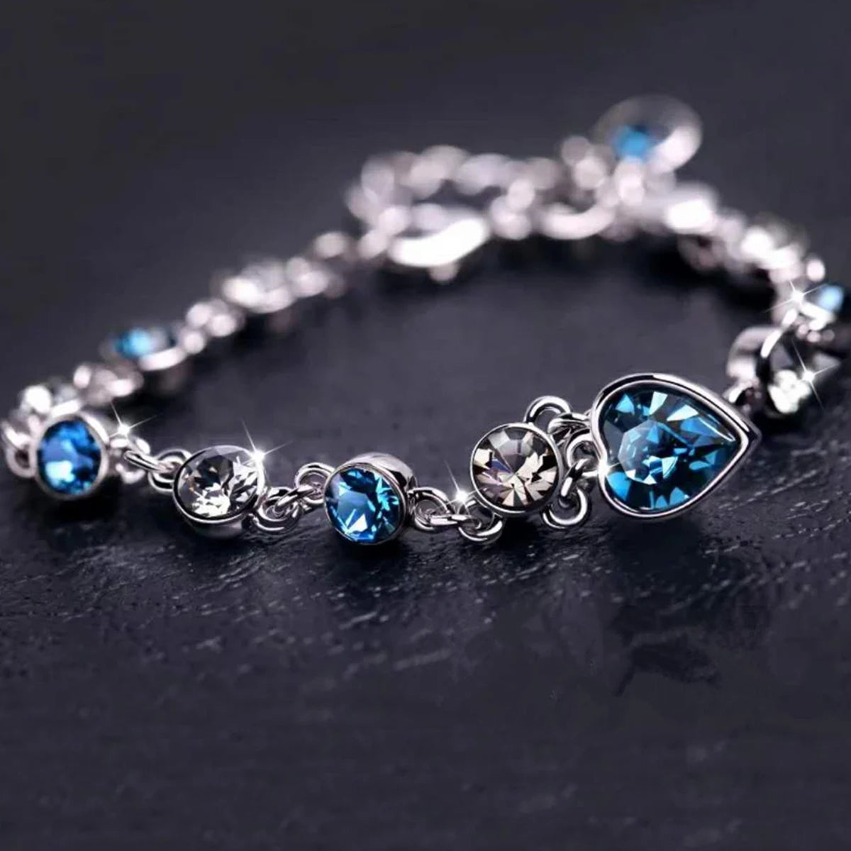 Women Silver Color Lucky Bracelet Female Blue Crystal Heart Charm Pulseras Bracelet Bridal Wedding Engagement Fine Jewelry Gift - Smarsty