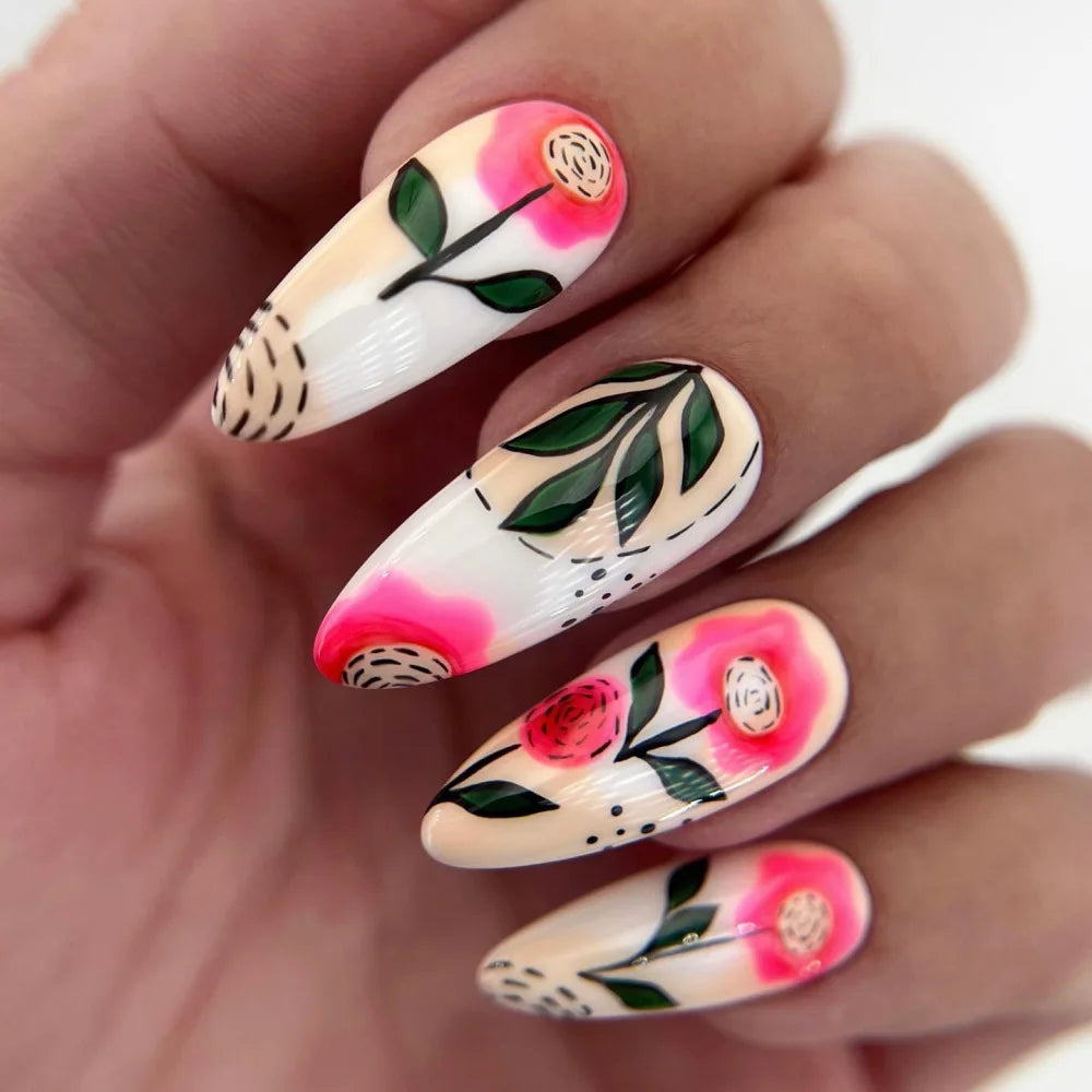 24 Piece Set Medium Long Press On Nails with Peach Flower Design - Smarsty