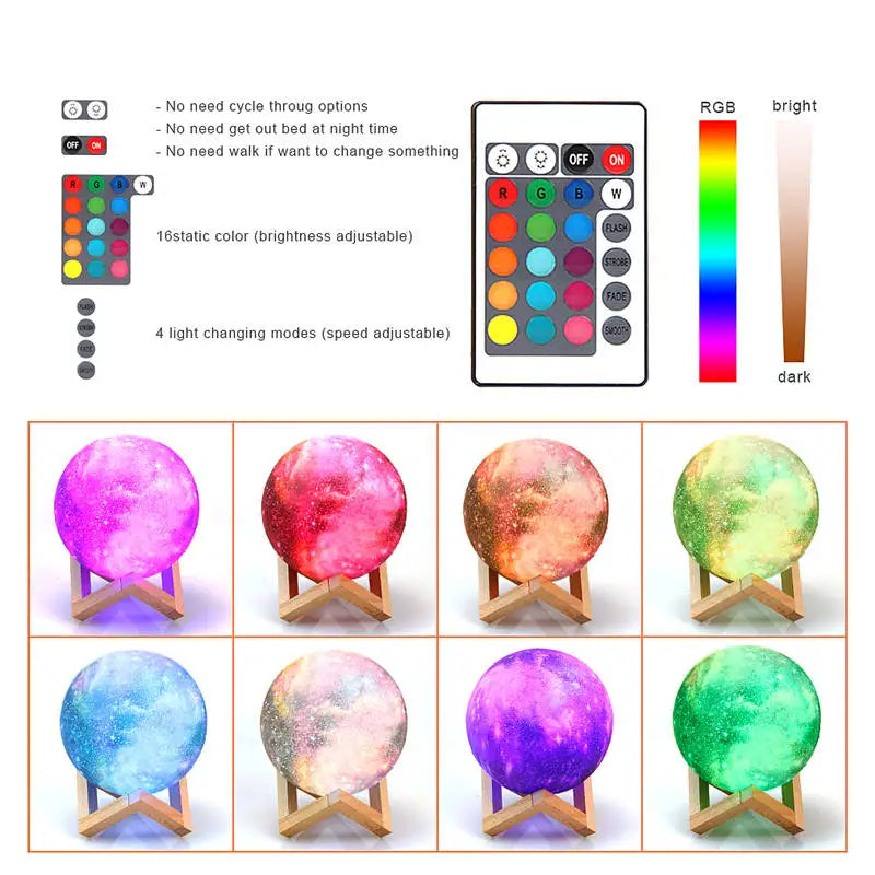 3D Printed Moon Lamp with Remote 16 Colors LED Night Light - Smarsty