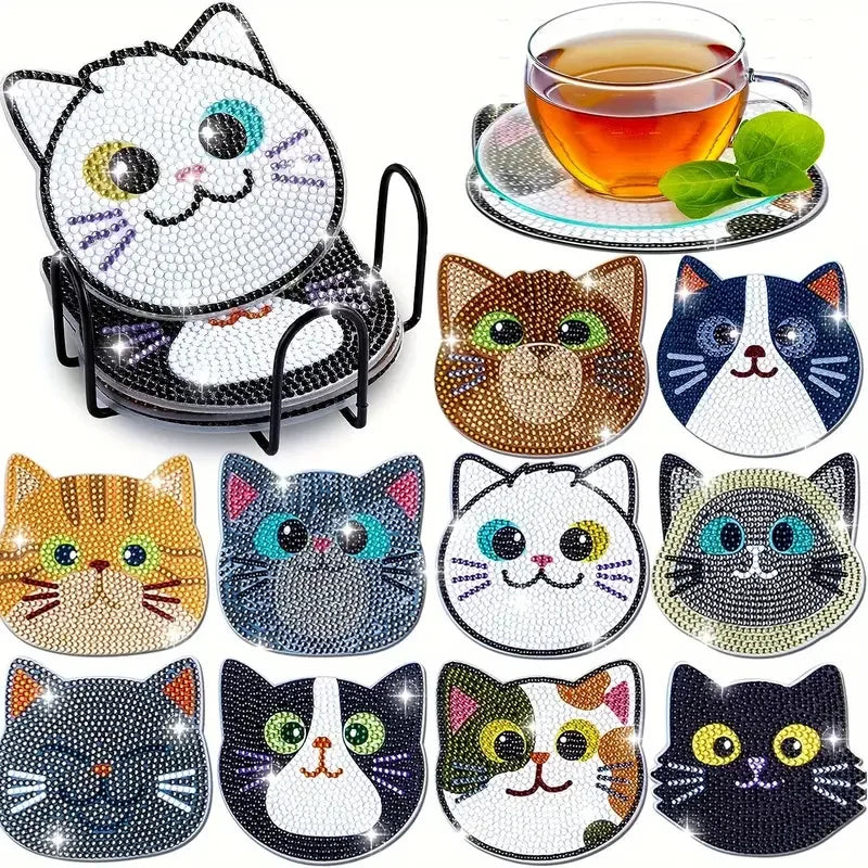 Diamond Painting Coasters Set with Cartoon Cat Design - Smarsty