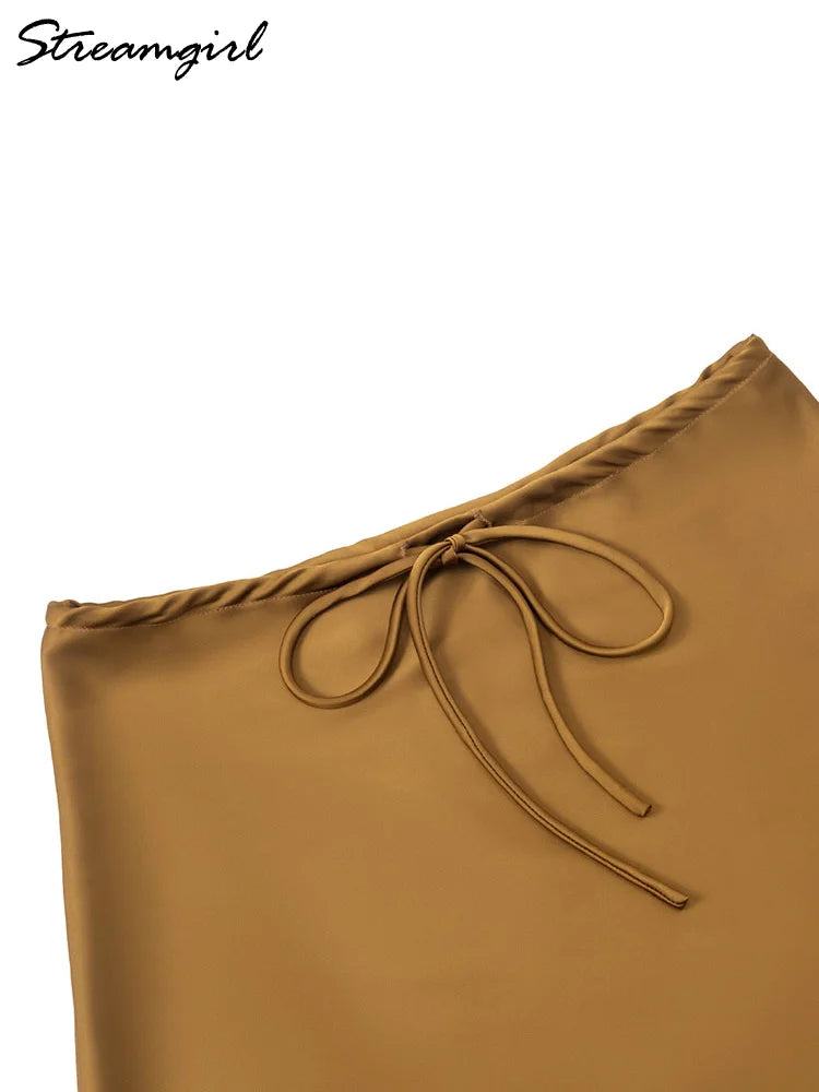 Satin Mini Skirts Women Summer Beige Silk Short Skirt For Woman Drawstring High Waist Black Satin Skirt A Line Women Short 2025 - Smarsty