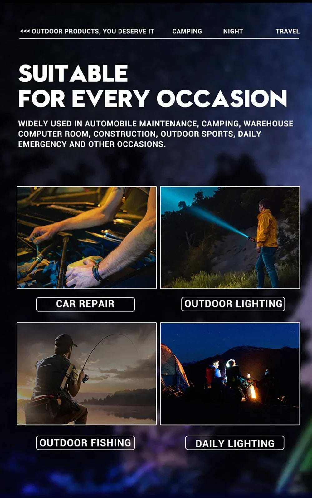 Rechargeable LED Flashlight Zoomable Torch with COB Side Led 7 Modes Waterproof High Power Hand Light Outdoor Wilderness Camping