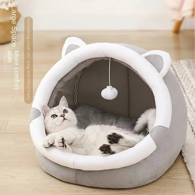 1 Comfortable Cartoon Cat House with Removable Pad, Modern Style Pet Bed Cave, Indoor Plush House Bed with Pompom