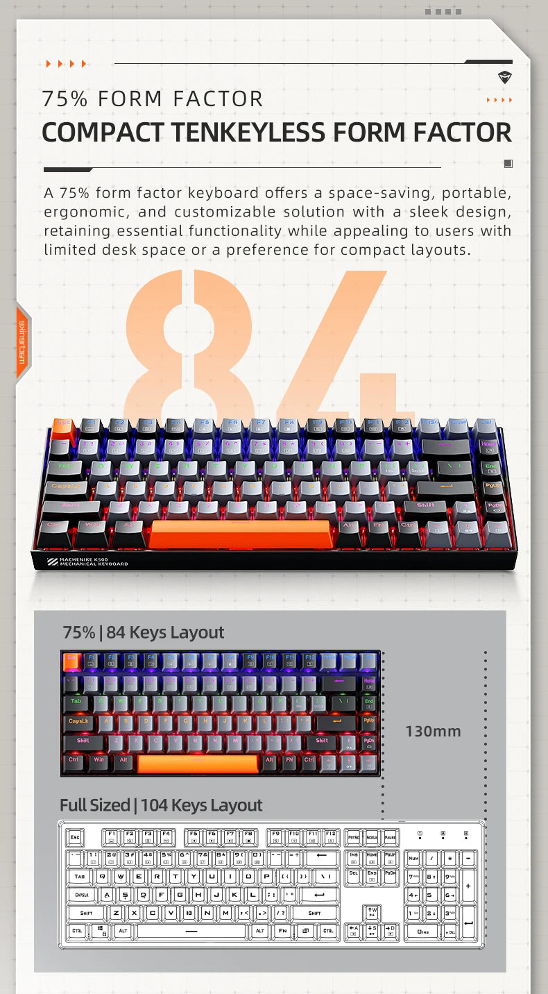 Mechanical Keyboard 75 Percent Layout Hot Swappable Backlit