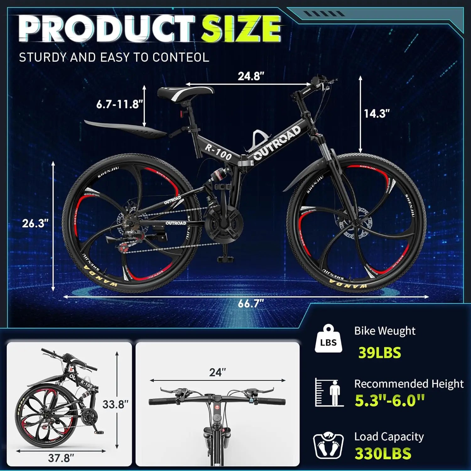 26 inch Folding Mountain Bike, Carbon Steel Frame and 21 Speed, Double Disc Brake and Dual Suspension Folding Bike - Smarsty