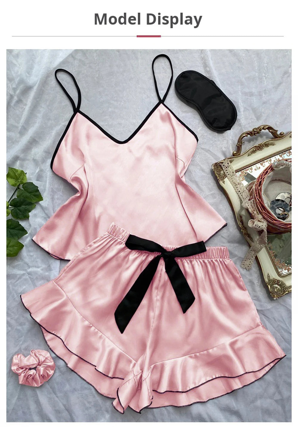 Women's Smooth Satin Pajamas V-Neck T-Shirt Ruffled Edges And Bow Shorts Simple And Breathable Pajama Set Sling Home Clothing - Smarsty