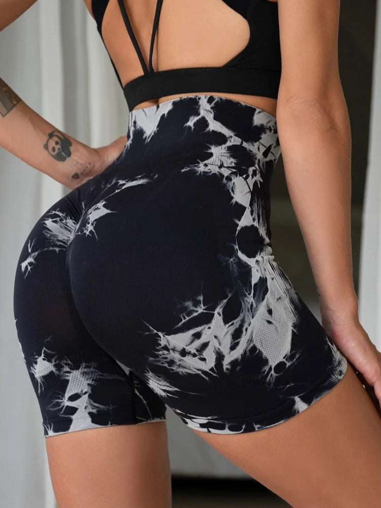 Tie Dye Multi Color Sports Shorts, High Waist Butt Lifting Training Shorts, Running Cycling Pants, Women's Activewear - Smarsty