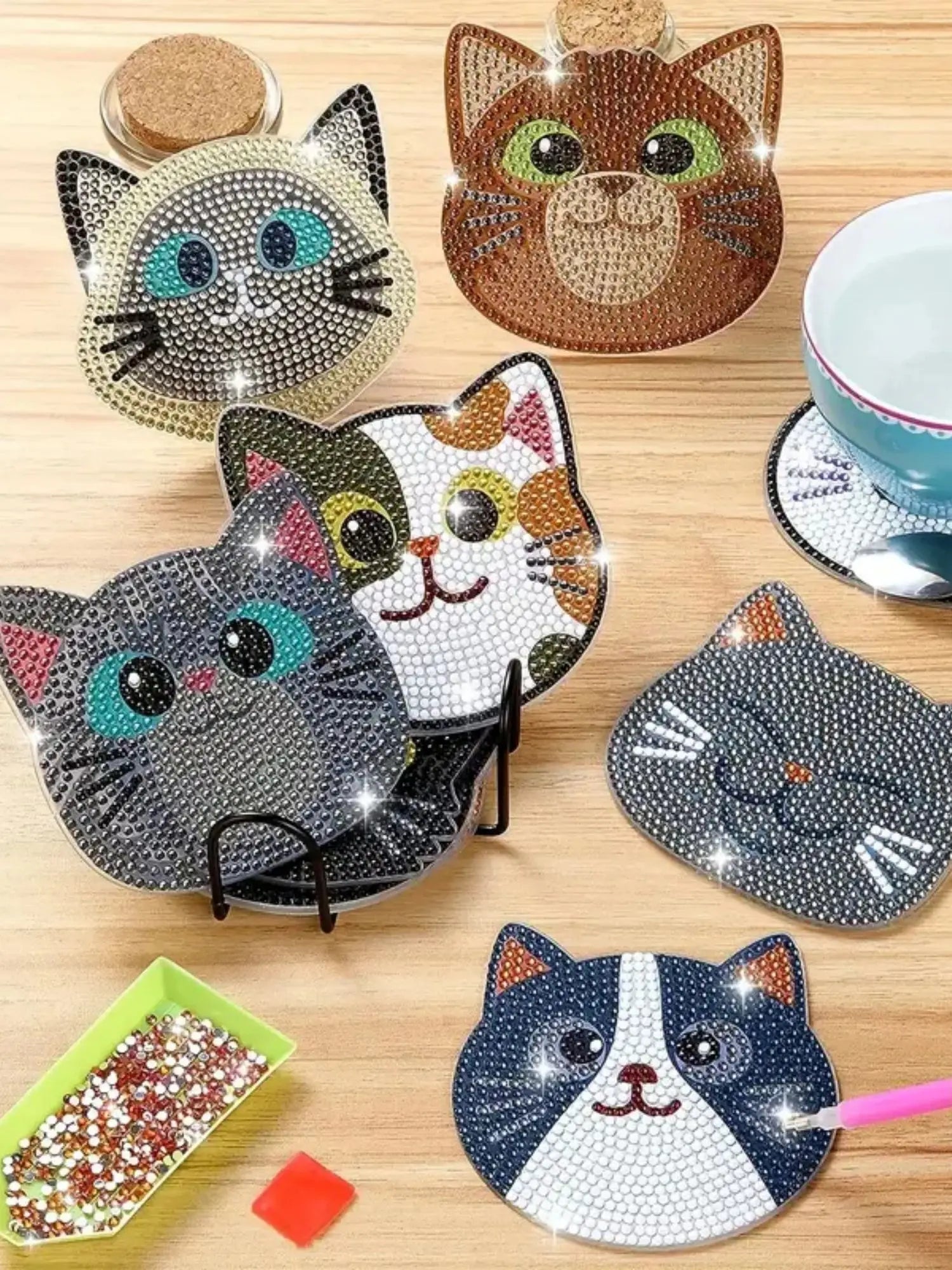 Diamond Painting Coasters Set with Cartoon Cat Design - Smarsty