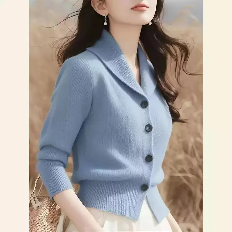 2025 New Spring Autumn Turndown Collar High End Women Knitt Cardigan Sweater Fashion Korean Version Female Knitwear Tops - Smarsty