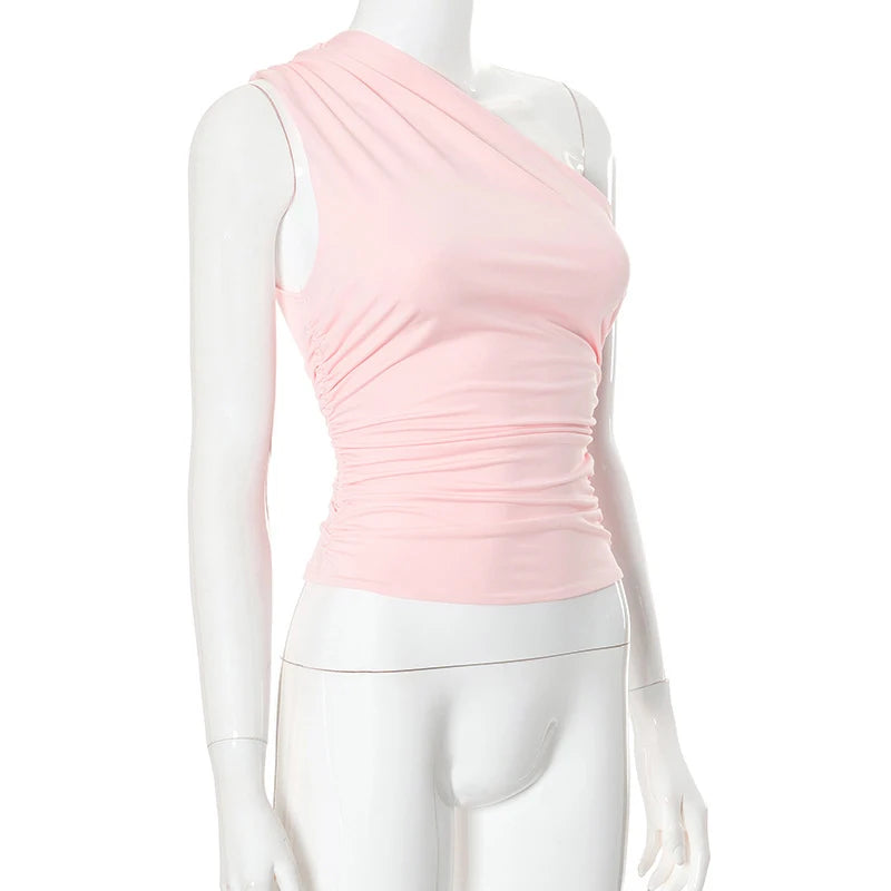 Solid Color One Shoulder Backless Shrink Tank Top T-Shirt Candy Color Tight Sexy Sleeveless Neckless Slim Casaul Top