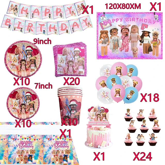 Pink Roblox Birthday Party Decorations Tableware Set - Smarsty