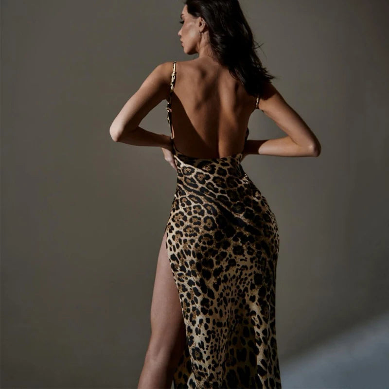 Hugcitar Leopard Print Swing Collar Sleeveless Sexy Maxi Slit Prom Dress Summer Women Fashion Y2K Clothes Party Beach Vacation