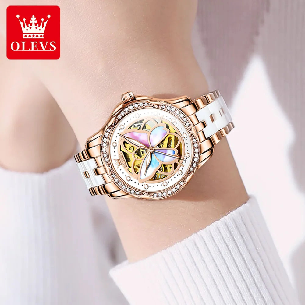 OLEVS 6615 Womens Watch Original Bezel Ceramic Mechanical Automatic Wristwatch Waterproof Luminous Ladies Watch Butterfly Dial - Smarsty