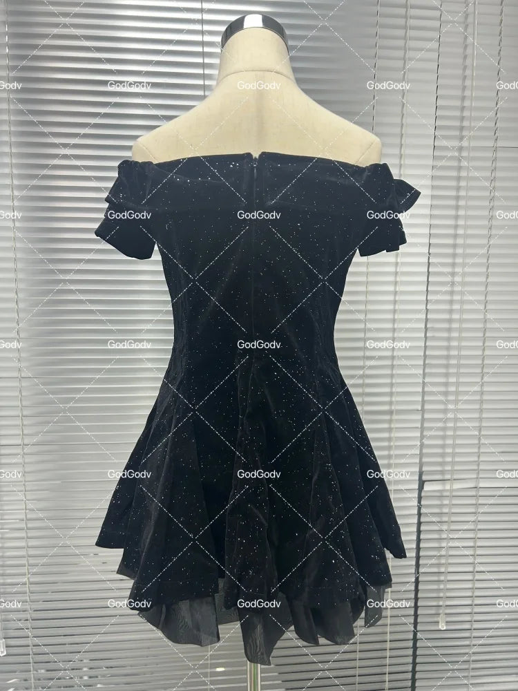 Black French Vintage Elegant Design Woman Dress Gothic Off Shoulder Retro Mini Dress Female Fairy Birthday Party Chic Outfits - Smarsty