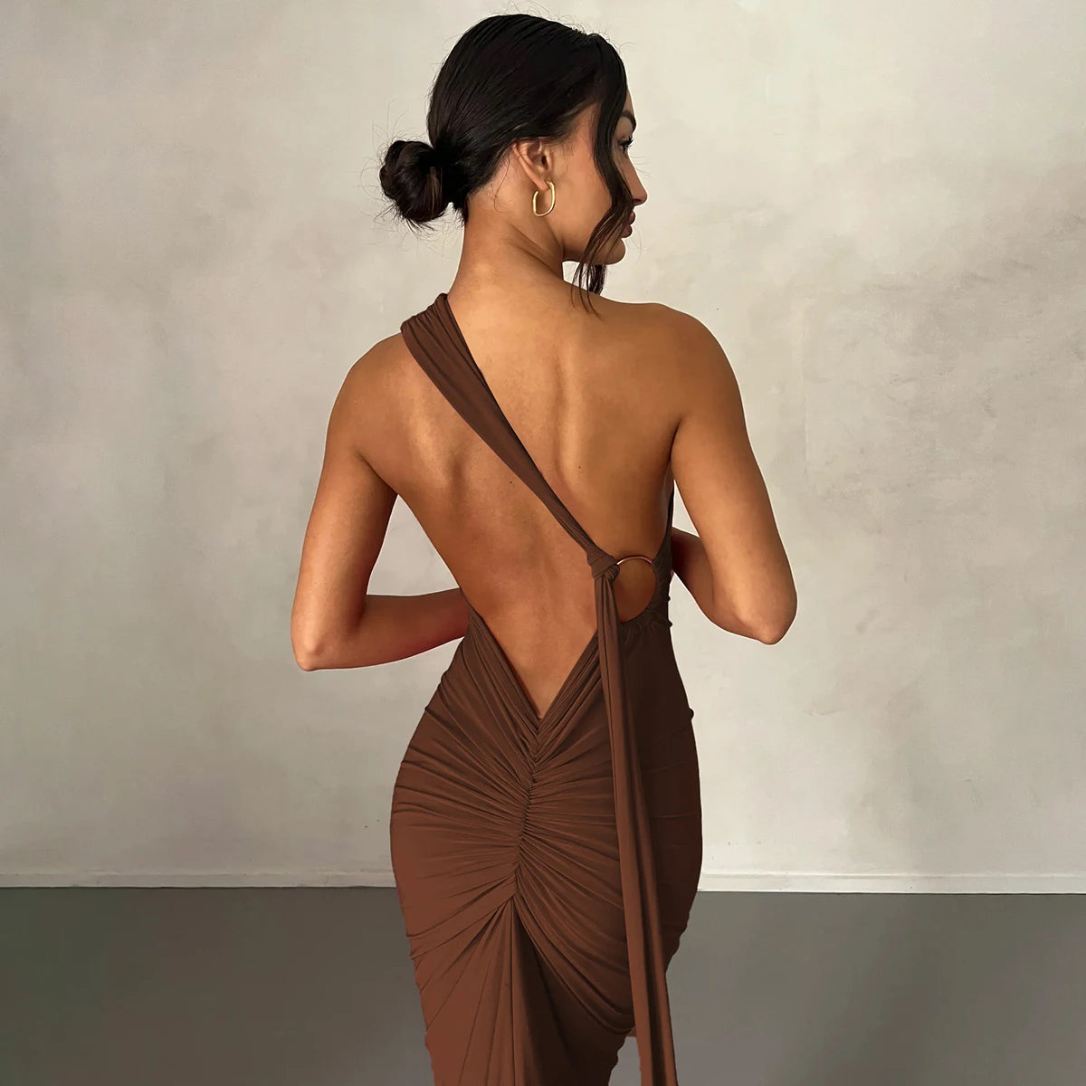 Hugcitar One Shoulder Backless Adjustable Scarf Loop Ruched Sexy Maxi Dress Women Elegant Y2K Streetwear Festival Outfit - Smarsty
